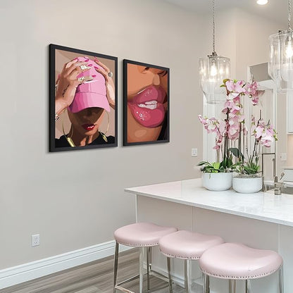 Hianan Fashion Black Girl Canvas Wall Art Modern Trendy African American Black Woman Poster Prints Pink Abstract Black Girl Aesthetic Pictures for Living Room Wood Framed Ready to Hang 12"x16"x3