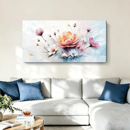 amatop Large Floral Wall Art — Orange, Blue, And Pink Flowers, Colorful Botanical Canvas Print, Modern Abstract Wall Decor For Living Room, Bedroom, Bathroom, Dining Room, And Kitchen. 48X24 Inches.