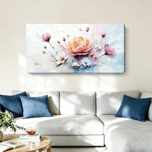 amatop Large Floral Wall Art — Orange, Blue, And Pink Flowers, Colorful Botanical Canvas Print, Modern Abstract Wall Decor For Living Room, Bedroom, Bathroom, Dining Room, And Kitchen. 48X24 Inches.