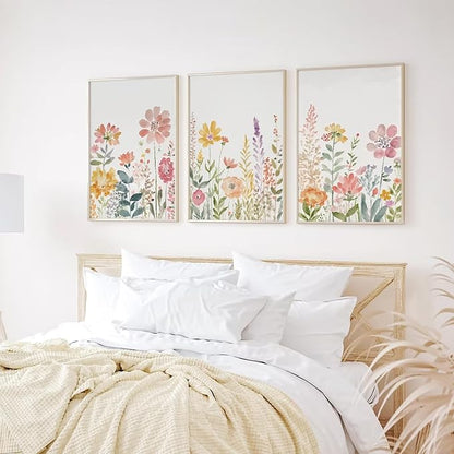 Watercolor Wildflower Wall Art Decor Colorful Flower Pictures Canvas Floral Botanical Wall Art Vintage Prints Poster Floral Painting Artwork for Living Room Bedroom 12x16 Inch Unframed Set of 3