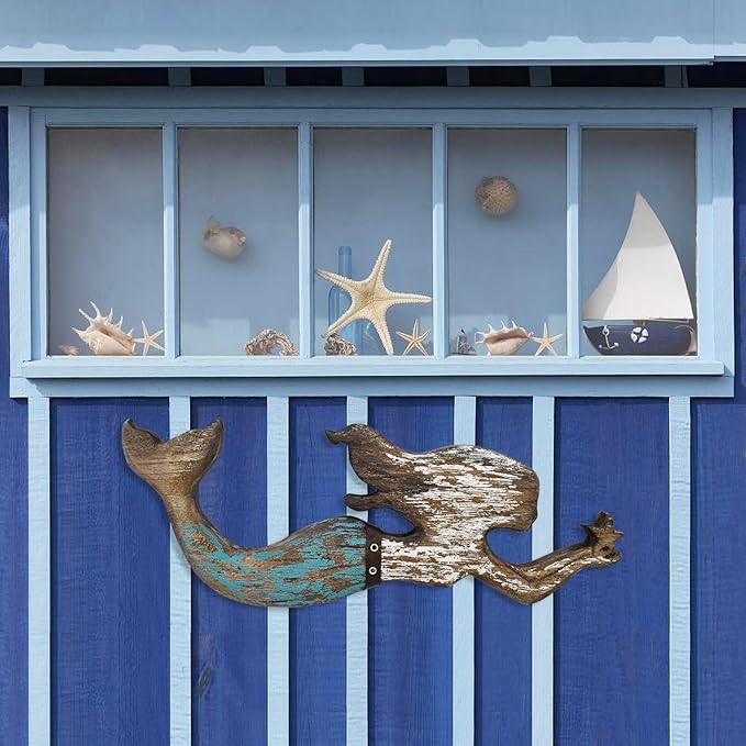 Veclotch Wood Mermaid Nautical Beach Wall Decor, Rustic Mermaid Wooden Hanging Coastal Wall Art Sculpture for Home, Lake House, Ocean Bathroom Decor