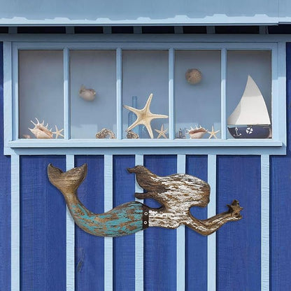 Veclotch Wood Mermaid Nautical Beach Wall Decor, Rustic Mermaid Wooden Hanging Coastal Wall Art Sculpture for Home, Lake House, Ocean Bathroom Decor