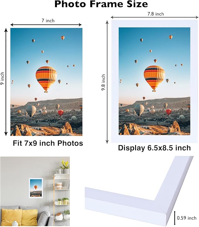 JCJMY 7x9 Picture Frame Set of 6 White for Wall Hanging or Tabletop- Wall Mounting Horizontally or Vertically, 7 x 9 Wall Gallery Poster Photo Frames for 7 by 9 Photo,6 Pack, White