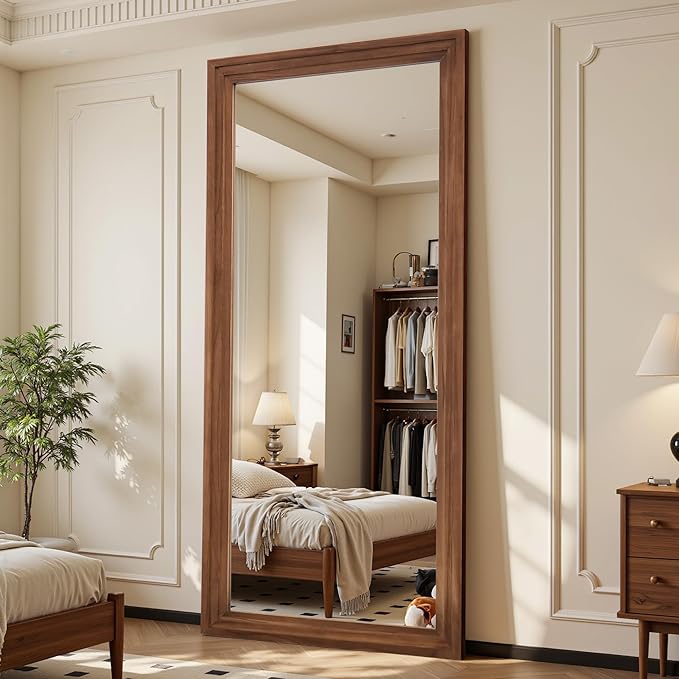 Antok Full Length Mirror with Solid Wood Frame, 81"×41" Wall Mounted Oversized Floor Mirror with Stand, Leaning Standing Hanging for Bedroom Living Room Entryway, Brown, Rect Style