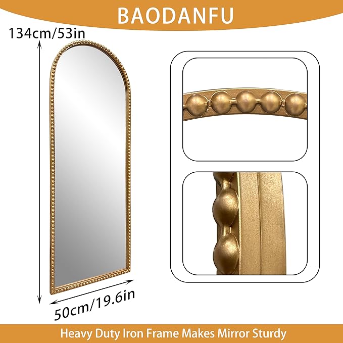 BAODANFU Vintage Full Length Wall Mirror, Large Gold Arch Floor Mirror 20"X53" with Antique Beaded Metal Frame for Dresser Living Room, Decorative Mirrors for Entryway Hallway Bathroom