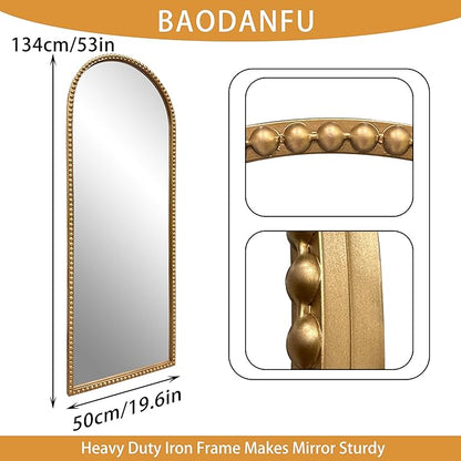 BAODANFU Vintage Full Length Wall Mirror, Large Gold Arch Floor Mirror 20"X53" with Antique Beaded Metal Frame for Dresser Living Room, Decorative Mirrors for Entryway Hallway Bathroom