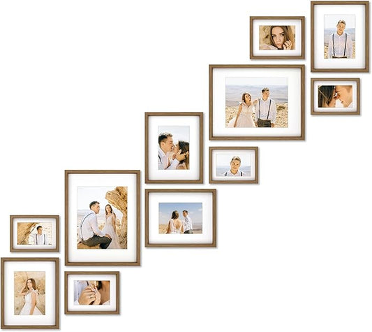 VELISTA 11 Piece Stair Picture Frame Set for Wall – Shadow Box Stairwell Gallery Wall Frame Set–Rustic Stairway Décor for Walls -Wooden Ladder Picture Frames - Farmhouse Staircase Wall Décor(Walnut)