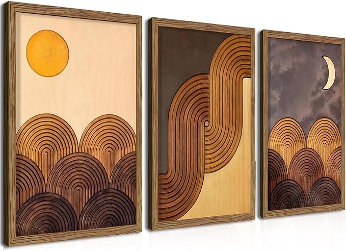 raiqtols Abstract Framed Wooden Canvas Wall Art Set of 3 – Sun Moon Geometric Boho Modern Wall Decor, Golden Brown Mid Century Prints with Wooden Frame for Living Room Bedroom – 16x24in