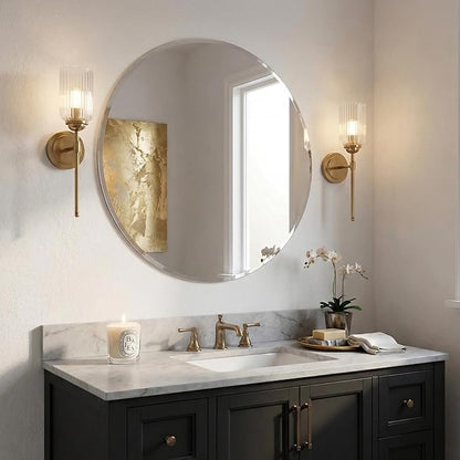 30 Inch Round Frameless Bathroom Mirror with Solid Backing, Beveled Edge Circle Vanity Mirror for Over Sink, Large Wall Mirror for Entryway Fireplace