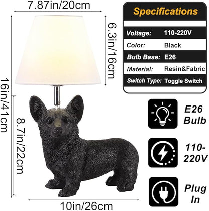 Black Corgi Table Lamp Modern Resin Puppy Desk Lamp Aesthetic Linen Bedside Lamp for Night Stands Living Room Bedroom Corner Kid’s Room Decor