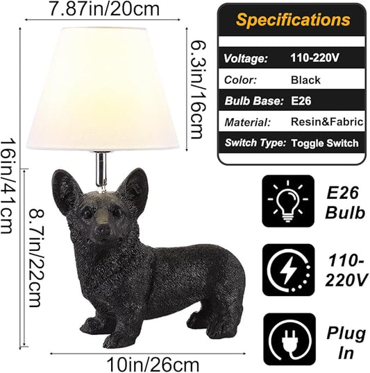 Black Corgi Table Lamp Modern Resin Puppy Desk Lamp Aesthetic Linen Bedside Lamp for Night Stands Living Room Bedroom Corner Kid’s Room Decor