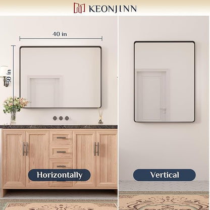 Keonjinn Black Bathroom Mirror for Over Sink, 40 x 30 Inch Rounded Rectangle Vanity Mirror, Sandblasted Finish Matte Black Wall Mirrors, HD Tempered Glass, Anti-Rust Seamless Metal Frame for Restroom