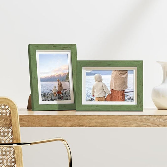 Vittanly 5x7 Picture Frames Set of 9, Display 4x6 Pictures with Mat or 5x7 without Mat, Photo Frames for Wall or Tabletop with Plexiglass, Engineered Wood, Rustic Green