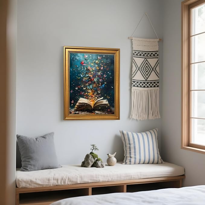 Balsuka Colorful Butterfly Wall Art Book Poster Trendy Painting Aesthetic Pictures Vintage Bookish Wall Decor Retro Library Canvas Print for book lover Reading Nook Bedroom 24x36inch Vintage Framed