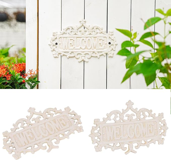 Sungmor Cast Iron Welcome Sign – Vintage Style Decorative Wall Plaque – Ornate Scroll Design for Porch, Entryway, Garden or Fence – Outdoor Wall Hanging Sign, Rustic Metal Home Decor