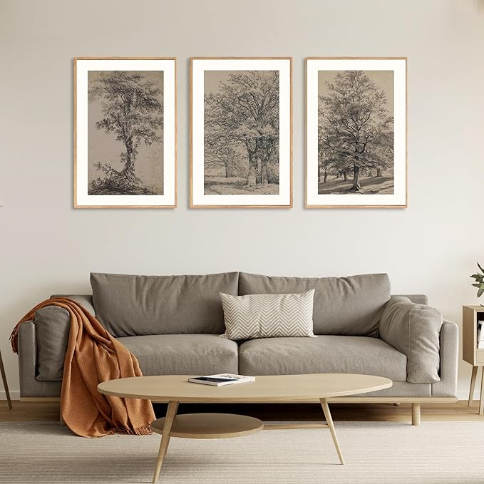 KAIRNE Vintage Tree Sketch Framed Canvas Wall Art Set, Antique Tree Drawings Wall Decor, Retro Forest Art Prints, Modern Nature Landscape Artwork for Living Room, Bedroom, Farmhouse, Office-24 x36 x3