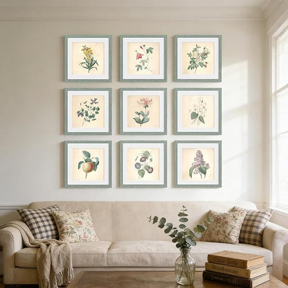 12x12 Picture Frame Set of 9, Display Pictures 8x8 with Mat or 12x12 without Mat, Multi Collage Gallery Square Photo Frames for Wall or Tabletop, Rustic Green