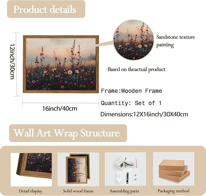 Vintage Flower Wall Art, Dark Floral Wall Decor Painting, Framed 3D Textured Hand Drawn Sandstone Farmhouse Landscape Pictures Artwork for Living Room Bedroom 12x16 inch Wood Frame