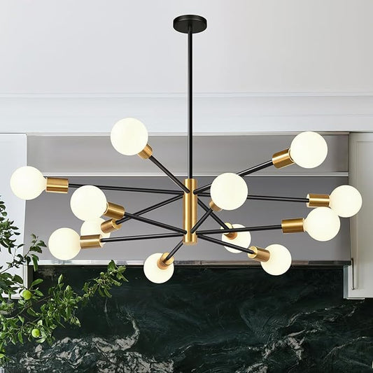 10.9"-52.3" Height Adjustable Modern Chandelier Ceiling Light Fixture, 12-Light Sputnik Chandeliers Brushed Gold and Black Mid Century Chandelier Over Table, Chandeliers for Dining Room Living Room