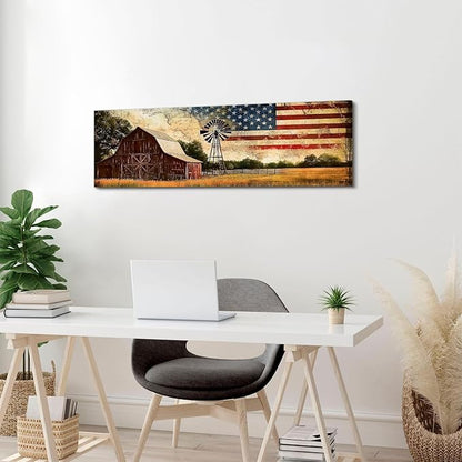 Farmhouse Barn Wall Art Vintage Western Wall Decor Country Windmill Pictures for Kitchen Living Room, Old Barn Landscape Canvas Painting America Flag Poster Prints Artwork Cabin Decoration 14x48”