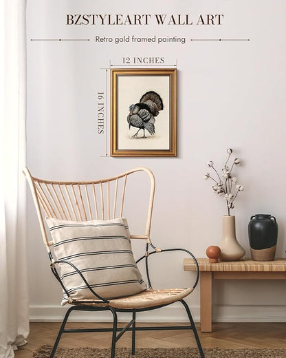 Bzstyleart Vintage Wall Art Decor for Living Room, Sketch Turkey Thankgiving Wall Art, Canvas Picture Bedroom Decor Aesthetic, Rustic Autumn Harvest Bird Artwork, Thanksgiving Holiday 12 x 16 Inch