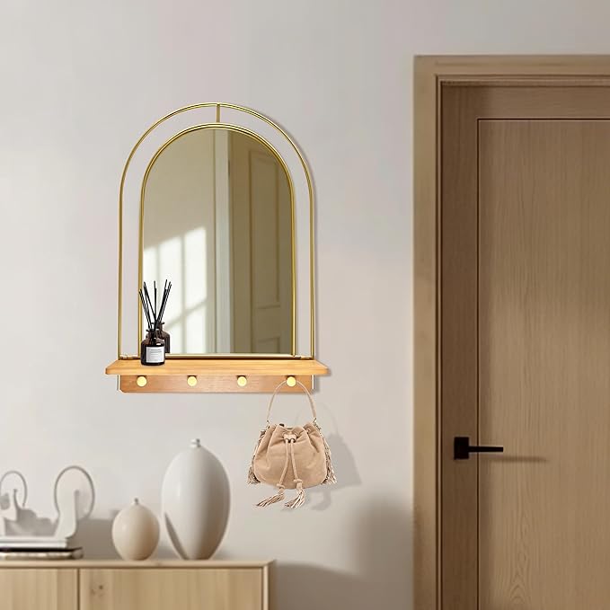 BAODANFU Gold Wall Mirror with Hooks, Arch Bathroom Mirror with Foldable Wood Shelf, 20x30 inches Arched Makeup Vanity Mirrors Decorative for Entryway, Bedroom, Dressing Room