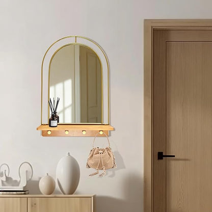 BAODANFU Gold Wall Mirror with Hooks, Arch Bathroom Mirror with Foldable Wood Shelf, 20x30 inches Arched Makeup Vanity Mirrors Decorative for Entryway, Bedroom, Dressing Room