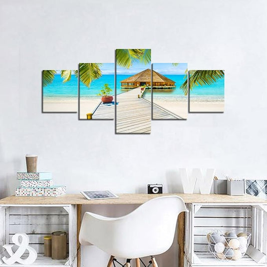 Landscape Beach Palm Tree House Scene of Sea Picture Modern Painting on Canvas 5 Piece Framed Wall Art for Living Room Bedroom Home Decor Gallery Wrap Giclee Print (50’’W x 24’’H)