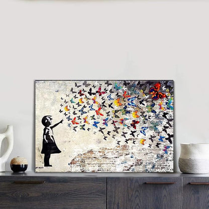 Abstract Creative Graffiti Street Canvas Wall Art Banksy Painting Artwork Wall Decor Graffiti butterfly Painting Colorful Artwork Pop Art Wall Decor Framed Art for Living Room Bedroom - 16x12 inch