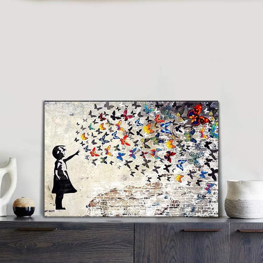 Abstract Creative Graffiti Street Canvas Wall Art Banksy Painting Artwork Wall Decor Graffiti butterfly Painting Colorful Artwork Pop Art Wall Decor Framed Art for Living Room Bedroom - 16x12 inch