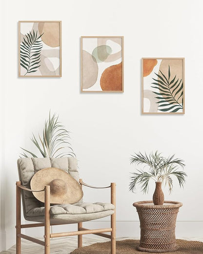 HesenDot Unframed Neutral Boho Wall Art Set of 3, 12x16in Botanical Leaves Abstract Geometric Canvas Posters, Minimalist Modern Aesthetic Wall Decor for Bedroom Living Room Home