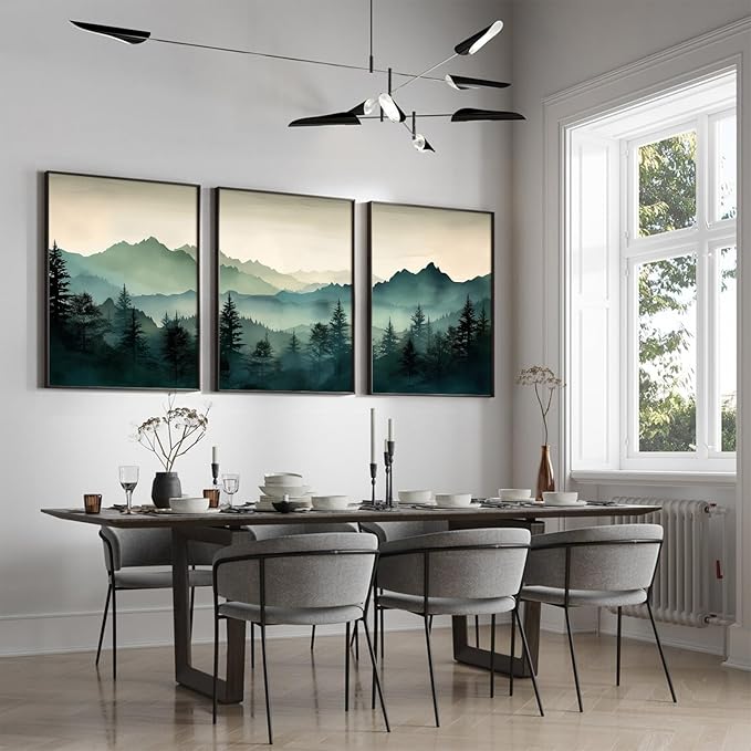 Mountain Wall Art Decor Set of 3 Sage Green Forest Canvas Wall Art Prints Nature Landscape Wall Decor Watercolor Pine Tree Pictures Abstract Modern Painting for Living Room Bedroom 24x36 Inch Unframed