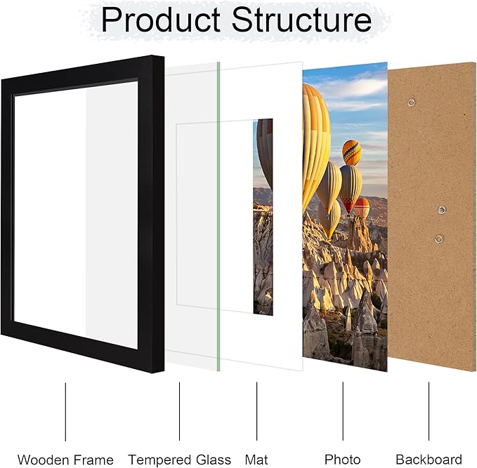 iRahmen 11x14 Picture Frame with Mat 8x10 - High Definition Tempered Glass Wooden Photo Frames for Wall Mounting (Pure Black, Set of 2)