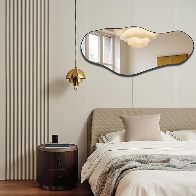 Irregular Frameless Mirror, 47.2"x21.4" Asymmetrical Aesthetic Wall Mirror, Modern Organic Shape Mirrors for Living Room Bedroom Entryway Hallway, Horizontal or Vertical Hanging