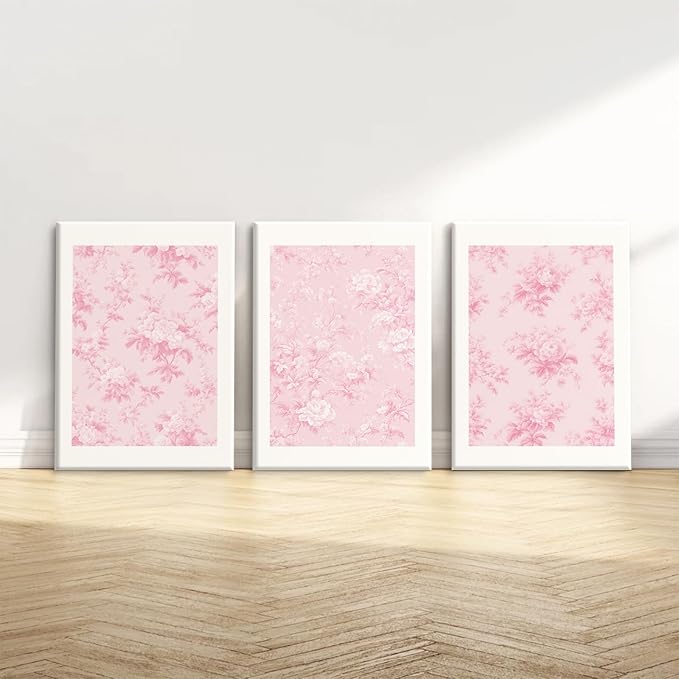 Pink Floral Wall Art Chinoiserie Flower Wall Decor Pictures Aesthetic Canvas Wall Art Love Shack Fancy Poster Vintage Floral Prints for Living Room Bedroom 16x24 Inch Framed Set of 3