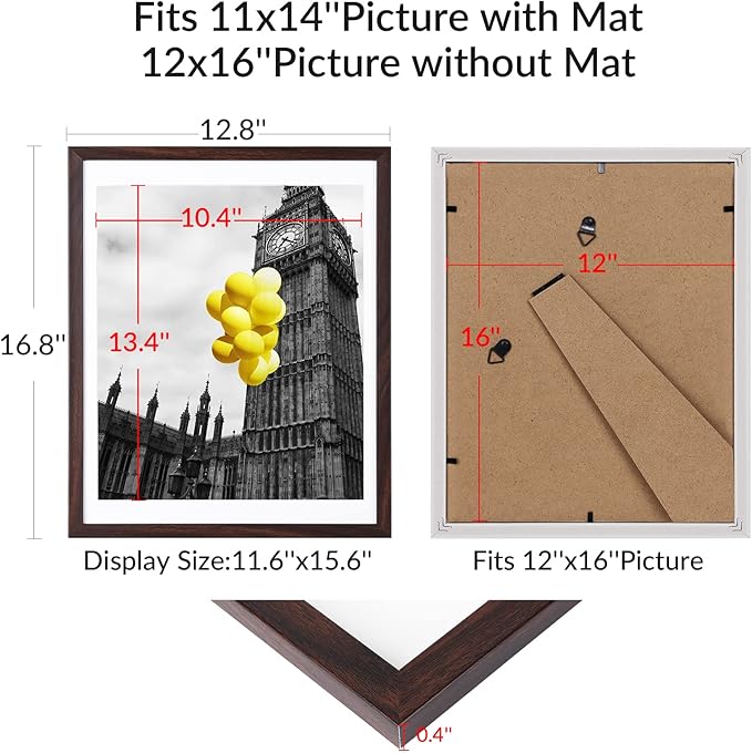 12x16 Picture Frame Set of 6, Display Pictures 11x14 with Mat or 12x16 Without Mat,Wall Gallery Photo Frames, Brown