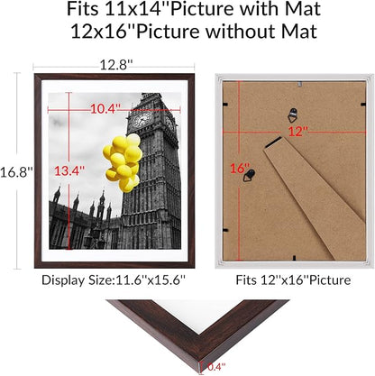 12x16 Picture Frame Set of 6, Display Pictures 11x14 with Mat or 12x16 Without Mat,Wall Gallery Photo Frames, Brown