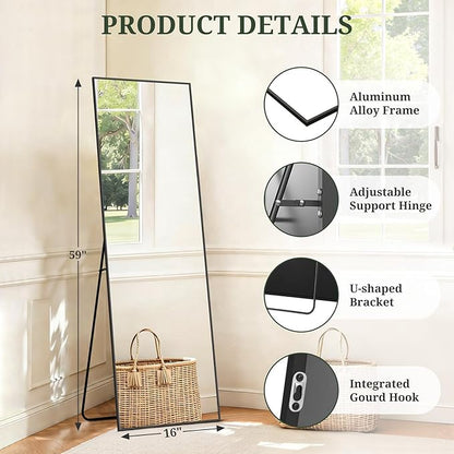 Mirror Full Length 59"x16" Full Body Floor Mirror with Stand, Shatterproof Glass, Aluminum Alloy Frame, Free Standing Wall Mounted or Leaning Rectangle Mirrors for Bedroom Living Room Entryway
