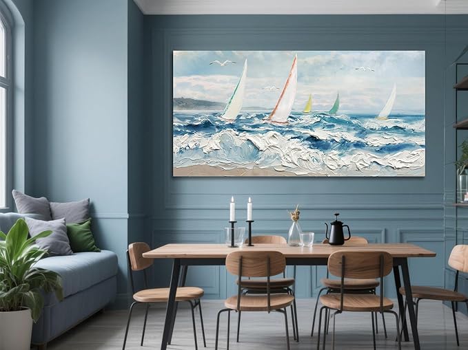 Enartly Wave 3D Textured Ocean Wall Art for Living Room Blue Seascape Sailboat Canvas Coastal Painting Artwork for Bedroom Bathroom Home Office Wall Decor, Large 58"x29"