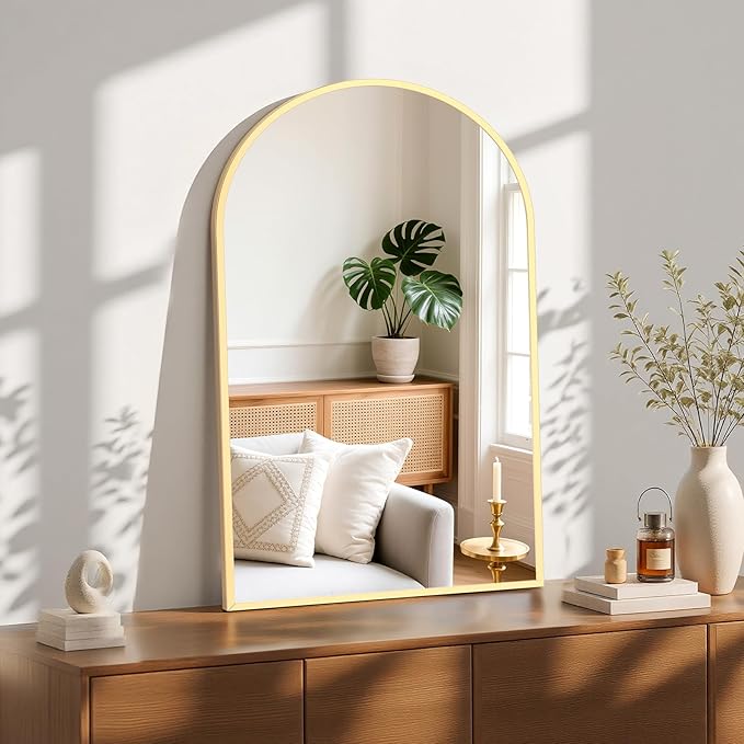 NEWBULIG 24X36 Inch Arched Bathroom Mirror for Wall, Vanity Bathroom Mirrors for Over Sink Tempered Glass, Anti-Rust Arched Metal Framed, Hangs Horizontally or Vertically, Farmhouse Home Decor, Gold