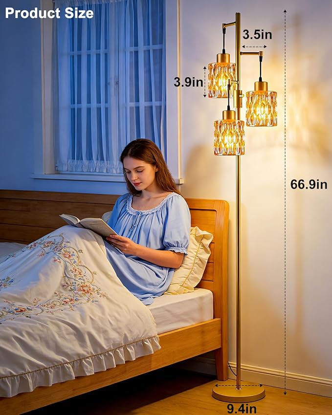 3-Light Modern Glass Floor Lamp, Gold Standing Tall Lamp with Amber Cylinder Glass Shade for Reading, Dimmable LED Floor Lamp with 5Lbs Heavy Base for Living Room Bedroom Home Decor, Bulb Included
