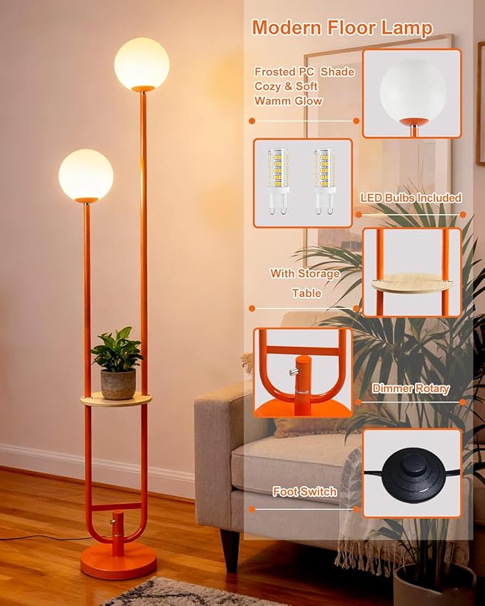 Lightdot 63IN Orange Floor Lamp 2 Globe Mid Century Standing Lamps with Bulbs Included Unique Vintage Dimmable Tall Floor Lamp with 5Lbs Heavy Base for Living Room/Wedding/Sofa Beside/Corner Decor