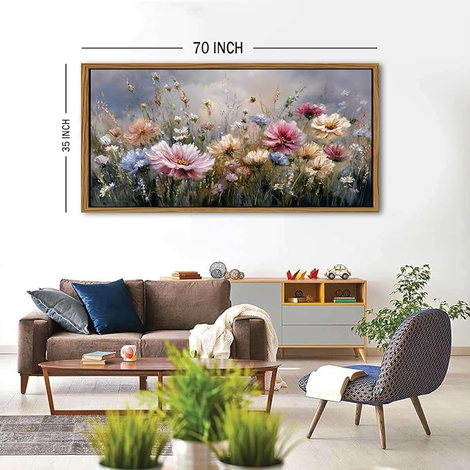 Vintage Framed Canvas Wall Art Pink Wildflower Picture for Living Room Extra Large Countryside Medow Scenery Painting Print Modern Artwork Farmhouse Abstract Flower Poster Office Home Decoration 35x70