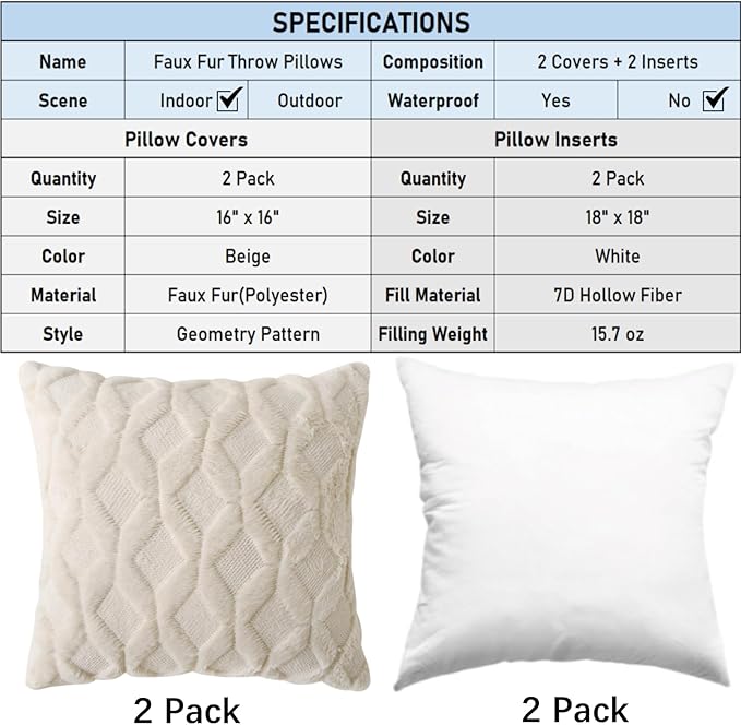 16" x 16" Decorative Throw Pillow with Inserts, Set of 2 Soft Faux Fur Throw Pillows, Square Boho Pillow for Couch, Bed, Sofa Decor, Beige