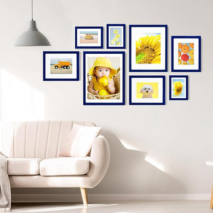 KINLINK 11x14 Picture Frame Navy, Solid Wood Frames with Acrylic Plexiglass for Pictures 5x7/8x10 with Mat or 11x14 without Mat, Tabletop and Wall Mounting Display, Set of 4