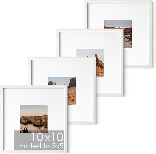 HAUS AND HUES White Oak Wood 10x10 Picture Frames - Set of 4, Square Frames with Mat, Contemporary White Frames for Gallery Wall Display (10x10 in, White, Set of 4)