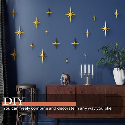 MidModArt 7PCS Mid Century Modern 3D Star Wall Art Gold Retro Starburst Sculptures Vintage Celestial Home Decor, Gold Starburst