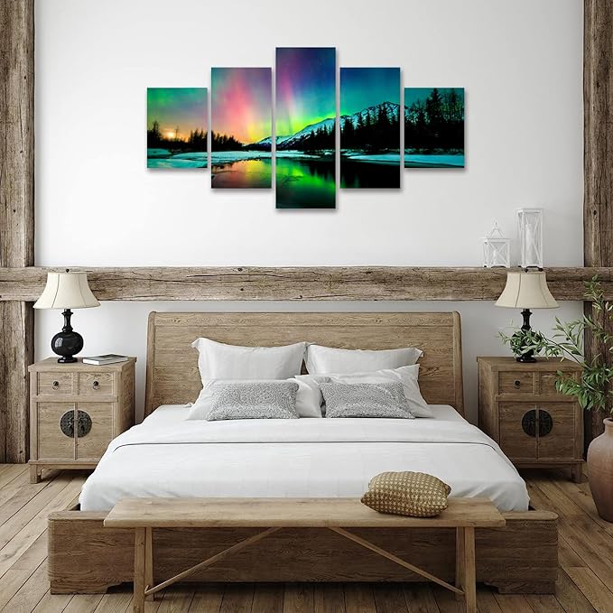 SKASNFAI 5 Piece Aurora Borealis Wall Art Poster Northern Lights Canvas Pictures Painting Alaska Artwork Office Wall Decor for Bedroom Living Room (50Wx24H)