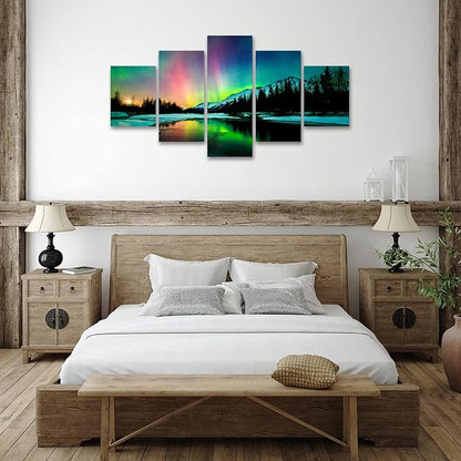 SKASNFAI Northern Lights Wall Art Alaska Posters Canvas Landscape Artworks for Living Room Mountains Picture Office Wall Decor for Bedroom (60Wx32H)