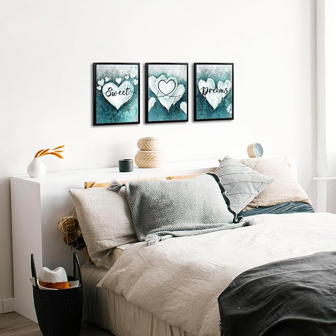 sechars Sweet Dreams Wall Decor Love Heart Painting Wall Art Modern Teal and Grey Bedroom Decorations (Teal)